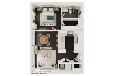 Floor plan for 1 bed, 1 bath, 559 sqft